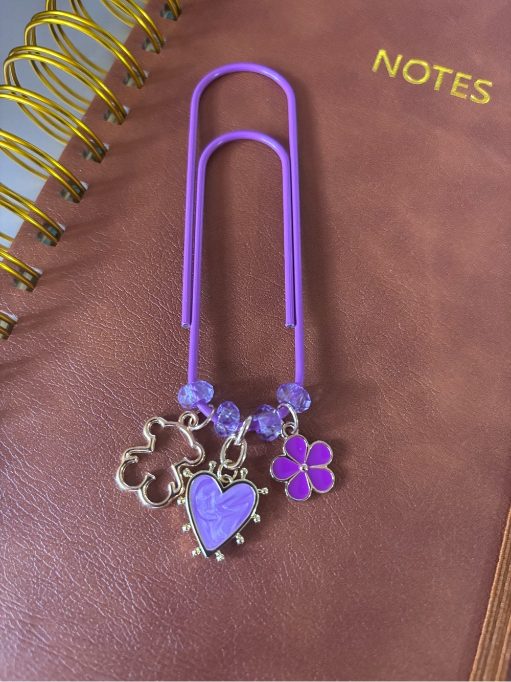 Purple Enamel Heart & Flower Charm Paperclip Bookmark